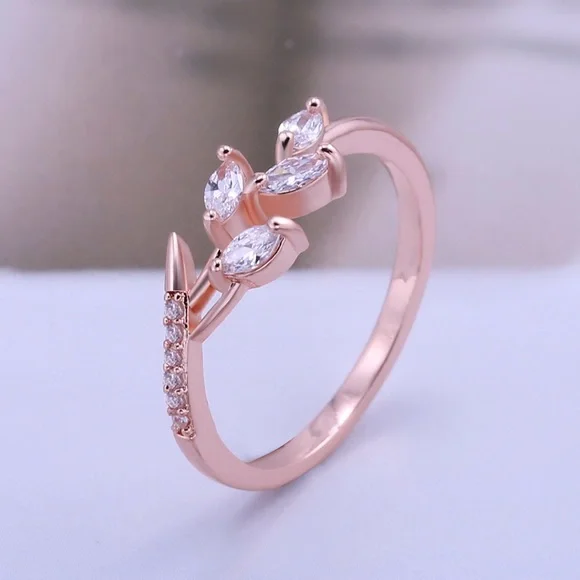 New Rose Gold Plated Leaf Diamond Ring - Picture 4 of 6